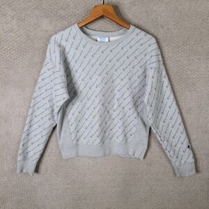 Champion Sweater Women Medium Gray Cropped Pullover Reverse Weave All Over Print